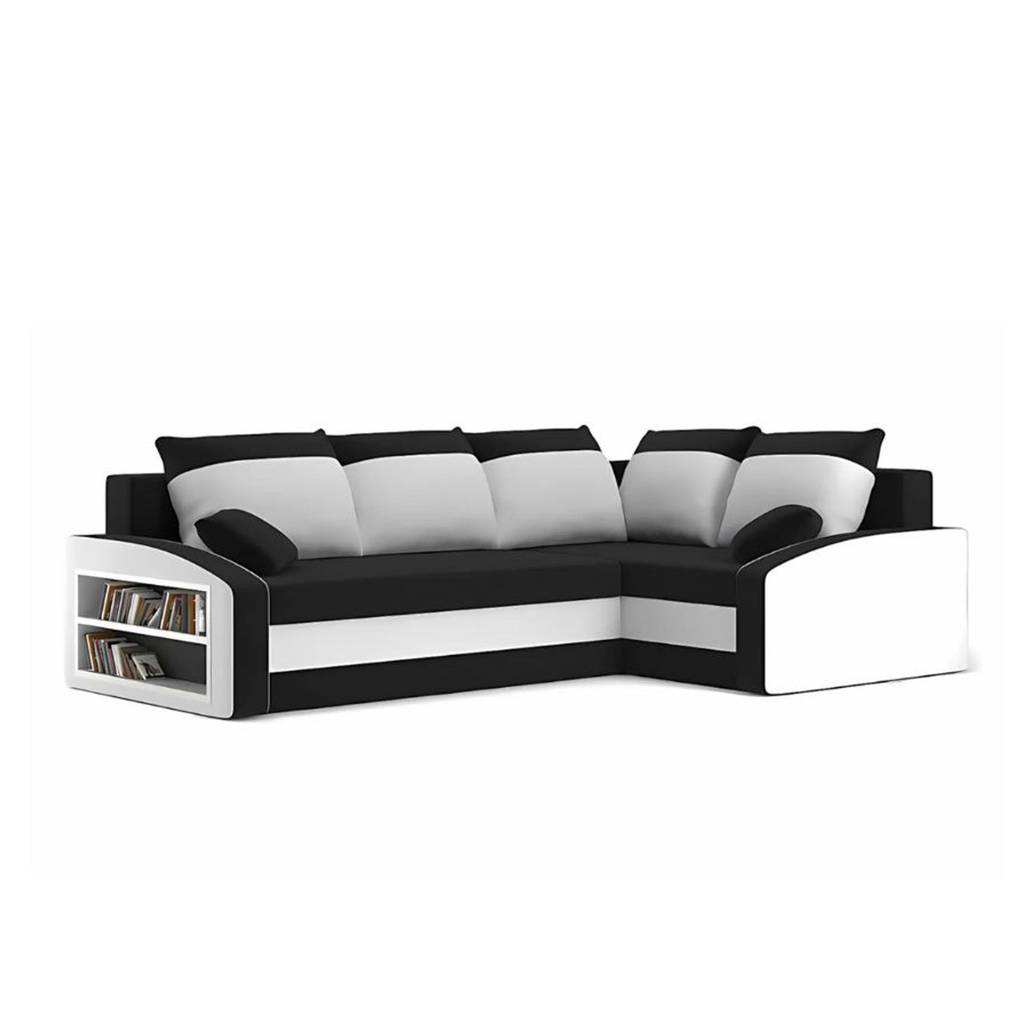 Rozkládací rohová sedací souprava s poličkou GRANDE Pravá Černá/bílá