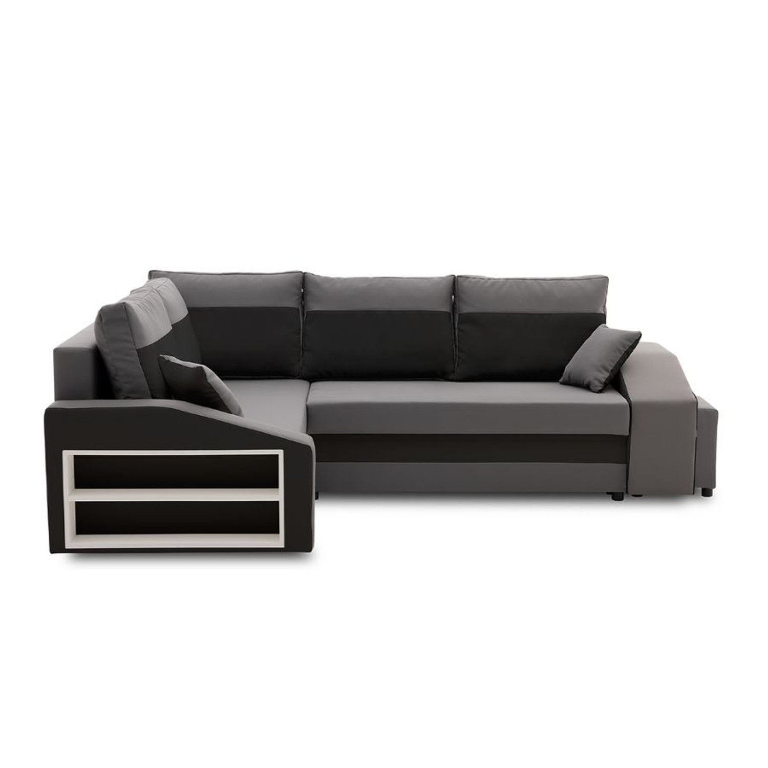 Rozkládací rohová sedací souprava s taburety a poličkou GRANDE micro Levá Šedá/černá