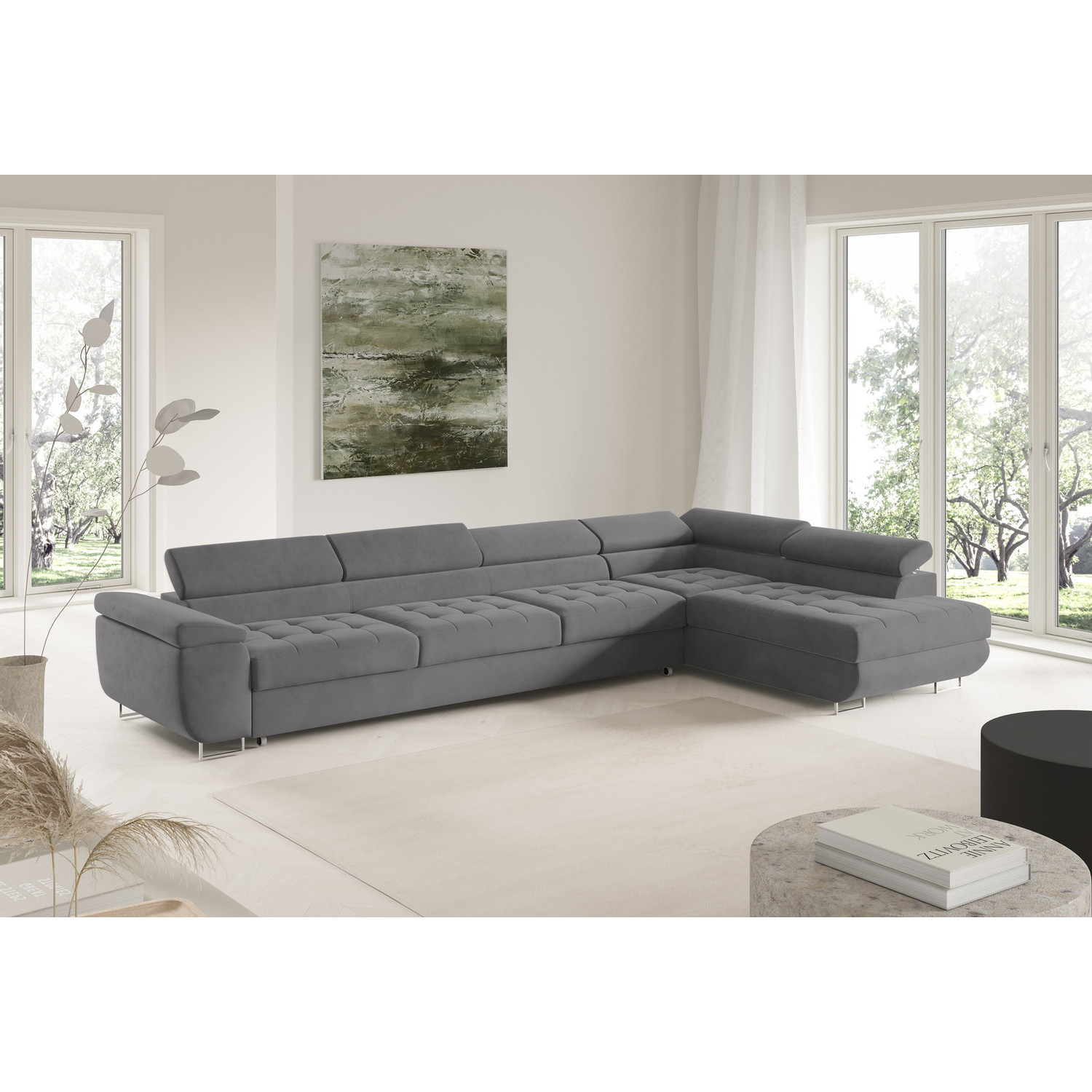 Rohová rozkládací sedací souprava BENJAMIN 155 XL Pravá Šedá V