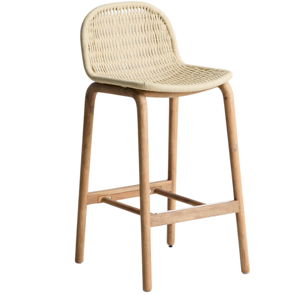 Kave Home Dřevěná zahradní barová židle Alipa 75 cm s béžovým výpletem