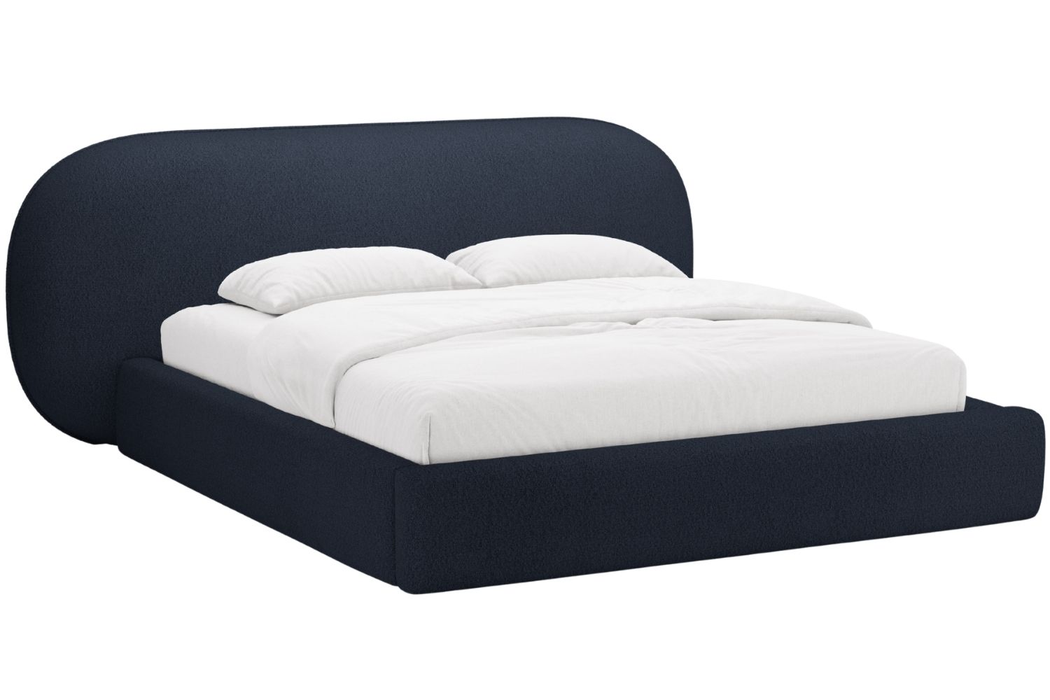 Tmavě modrá bouclé dvoulůžková postel MICADONI Ovalo 180 x 200 cm s úložným prostorem